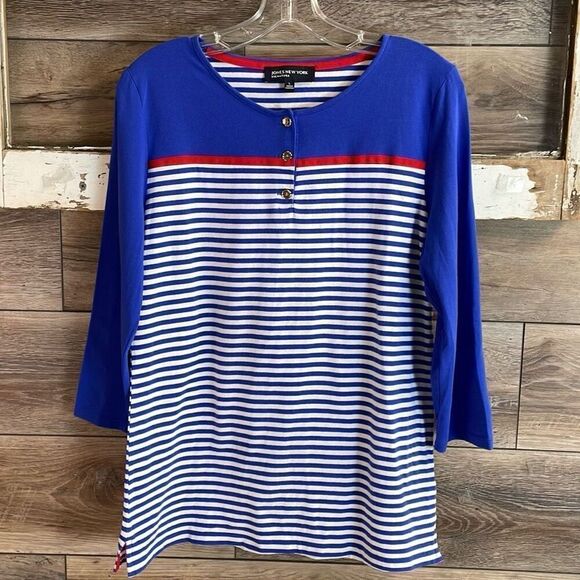 JONES NEW YORK Ladies Nautical Stripes Pullover Top Size Large Blue White Red - Picture 3 of 7